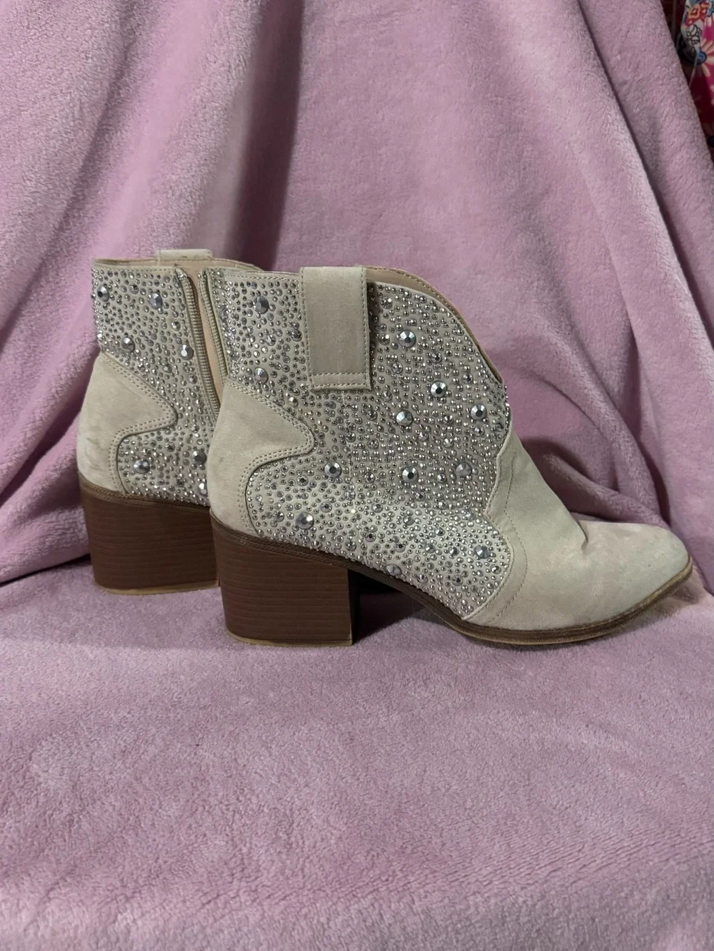 Beige Rhinestone Western Ankle Booties | Cowgirl Boho